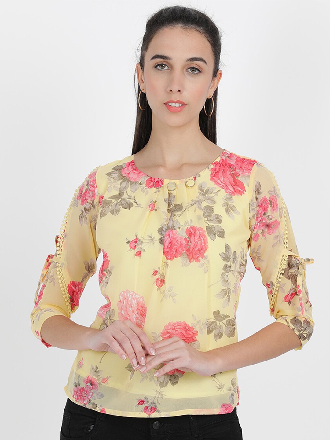 

V2 Value & Variety Yellow & Pink Floral Print Georgette Top