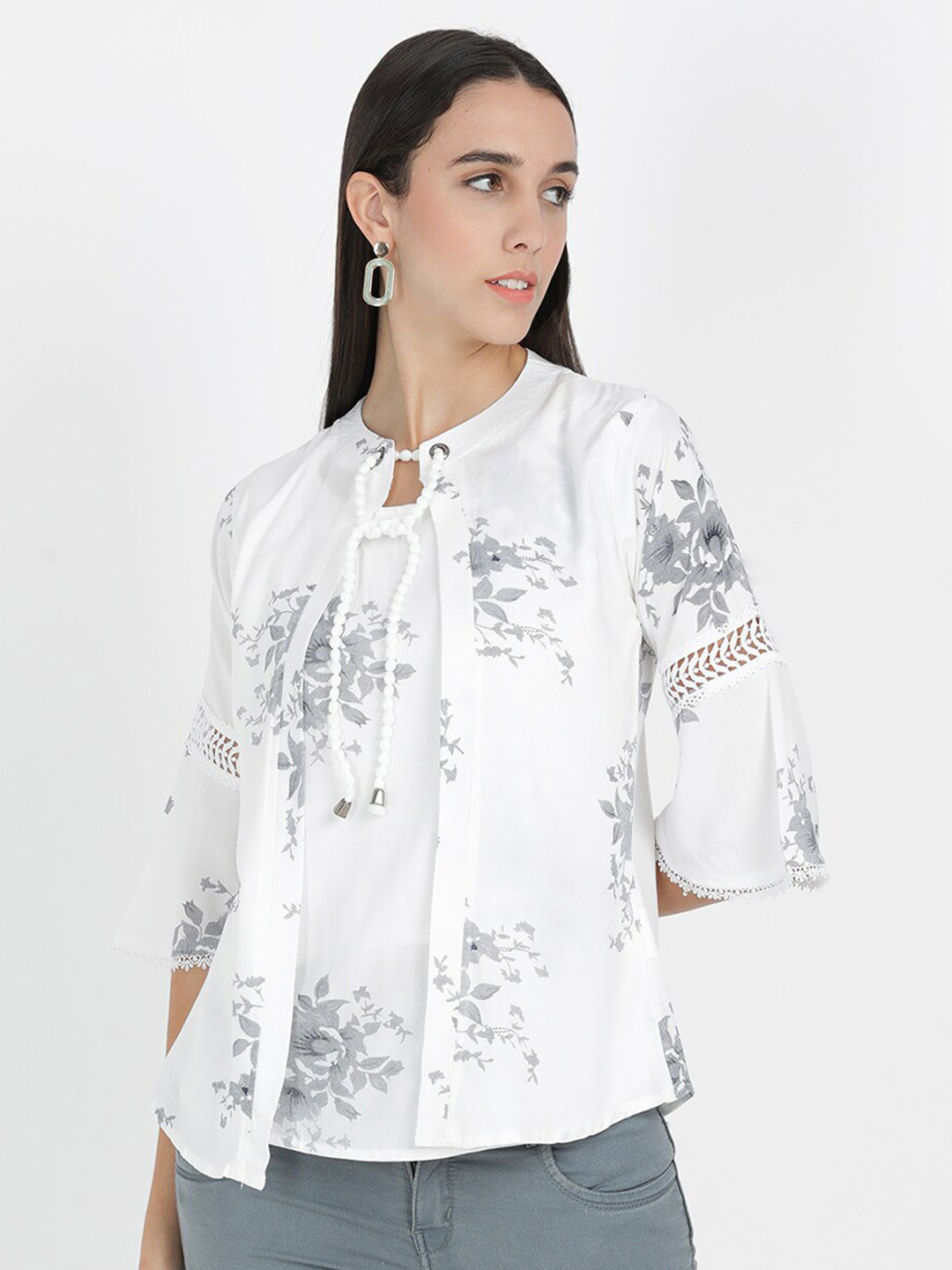 

V2 Value & Variety White Floral Print Tie-Up Neck Top