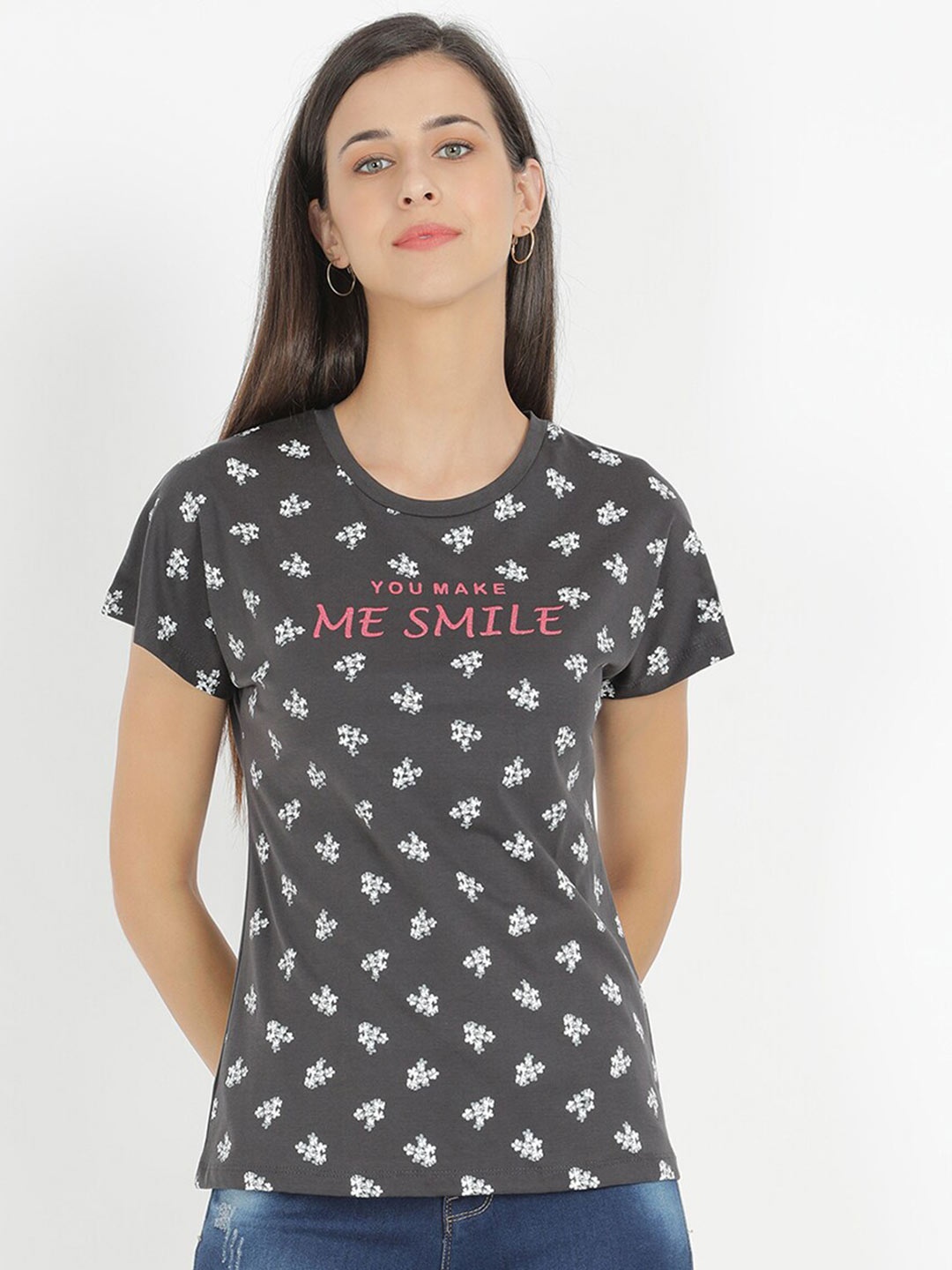 

V2 Value & Variety Women Grey Floral Printed T-shirt