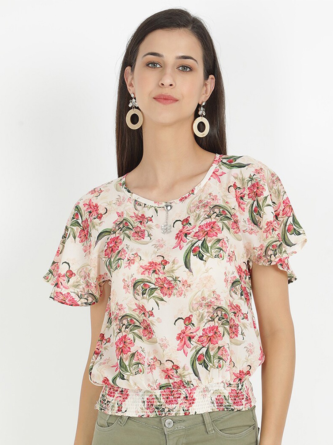 

V2 Value & Variety Cream-Coloured & Red Floral Print Crepe Top