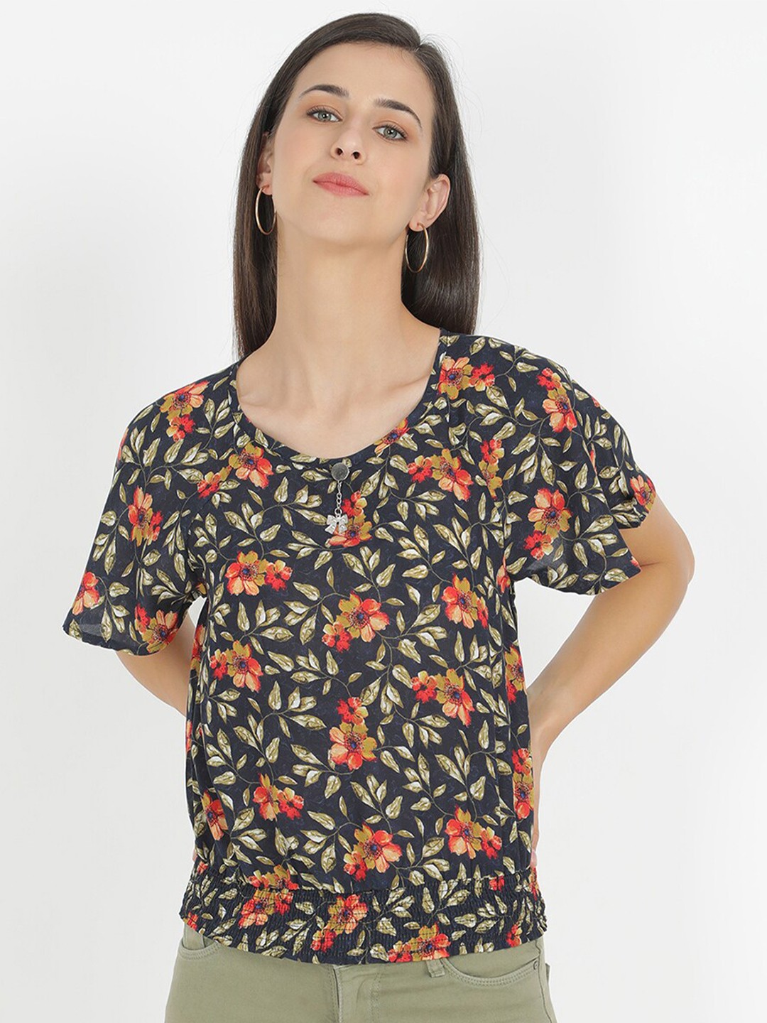 

V2 Value & Variety Women Blue Floral Print Crepe Top