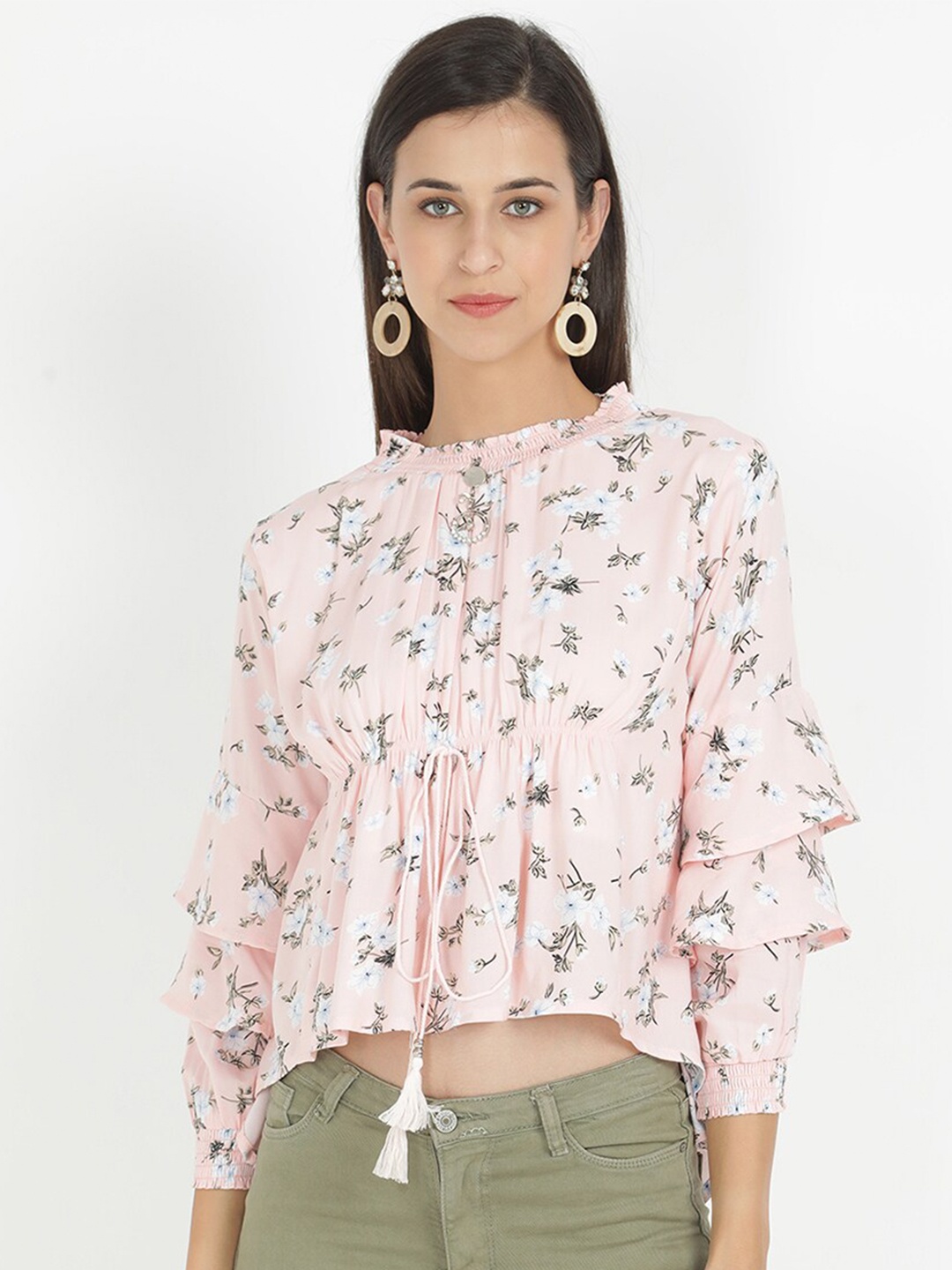 

V2 Value & Variety Beige Floral Print Bishop Sleeves Crop Top