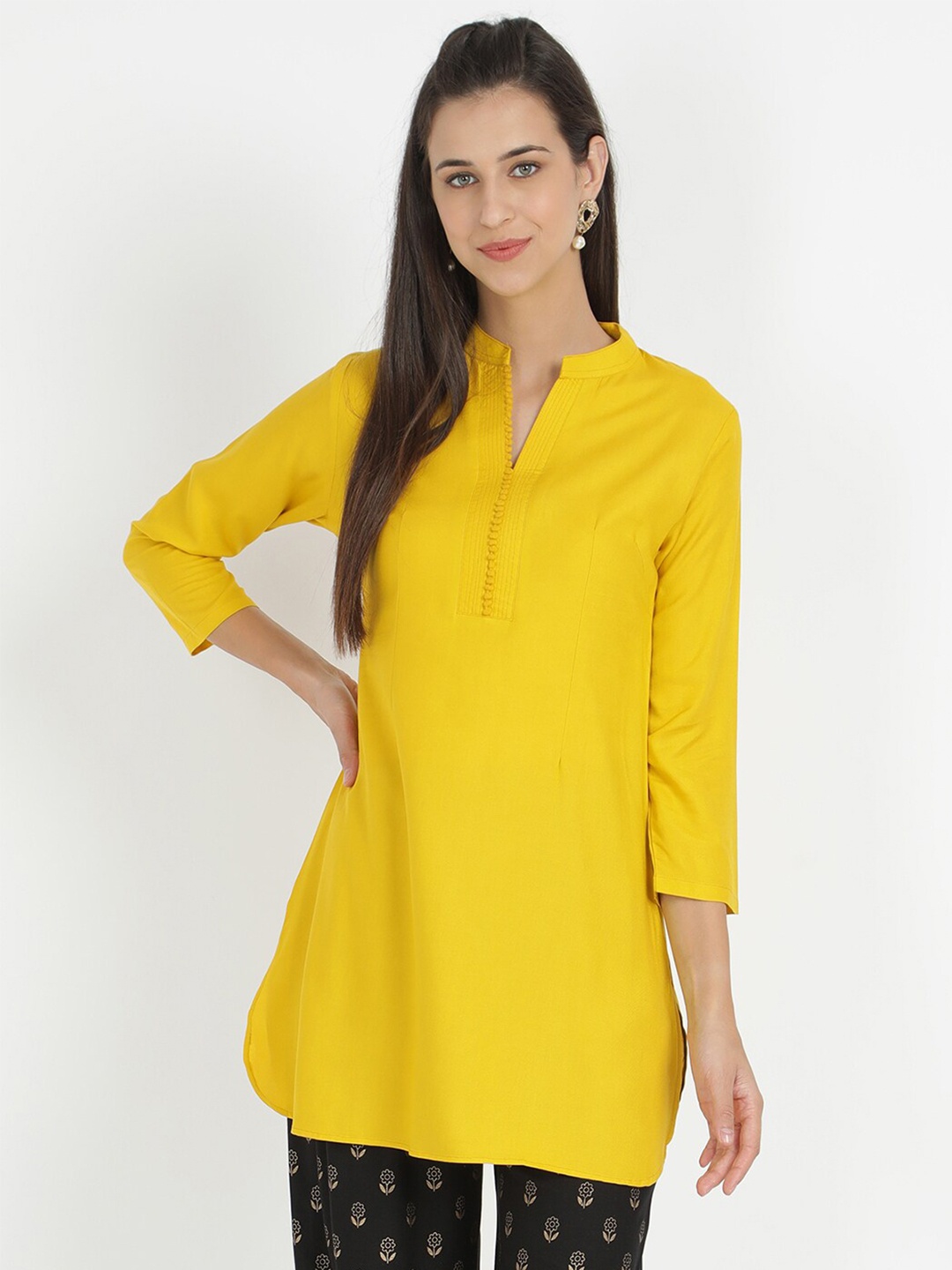 

V2 Value & Variety Women Mustard Yellow Mandarin Collar Longline Top