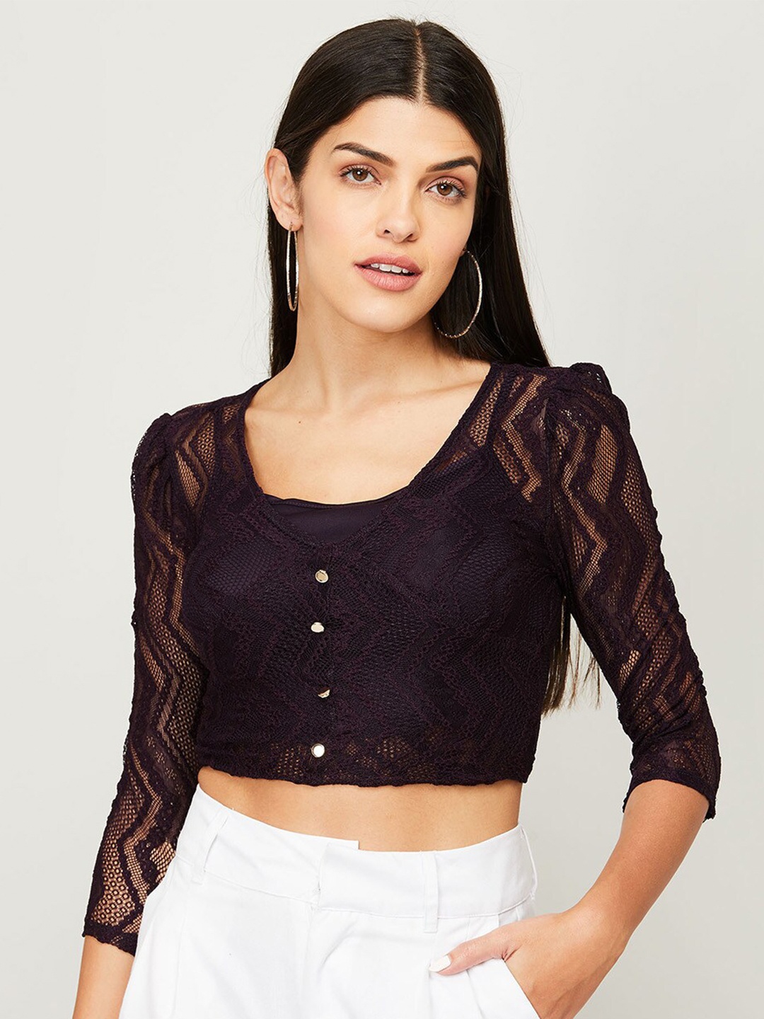 

Ginger by Lifestyle Purple Self Design Crop Top