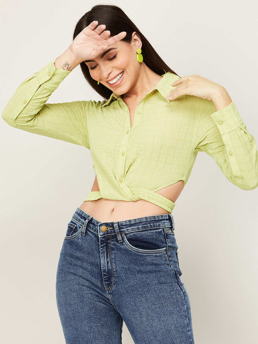

Ginger by Lifestyle Women Green Checked Shirt Style Crop Top