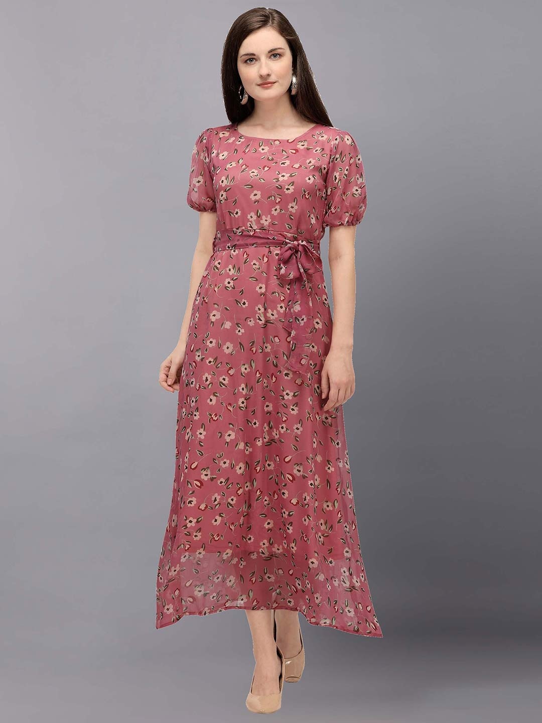 

Fashfun Pink Floral Printed Chiffon Belted A-Line Maxi Dress