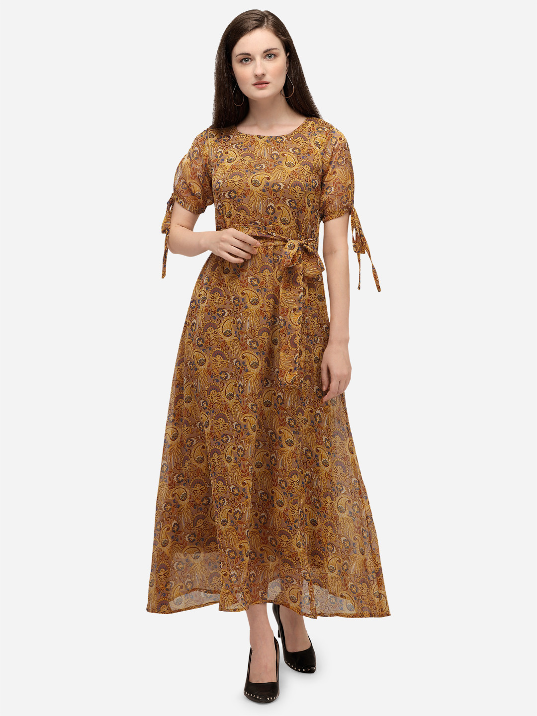 

Fashfun Women Yellow Floral Print Chiffon Maxi Dress