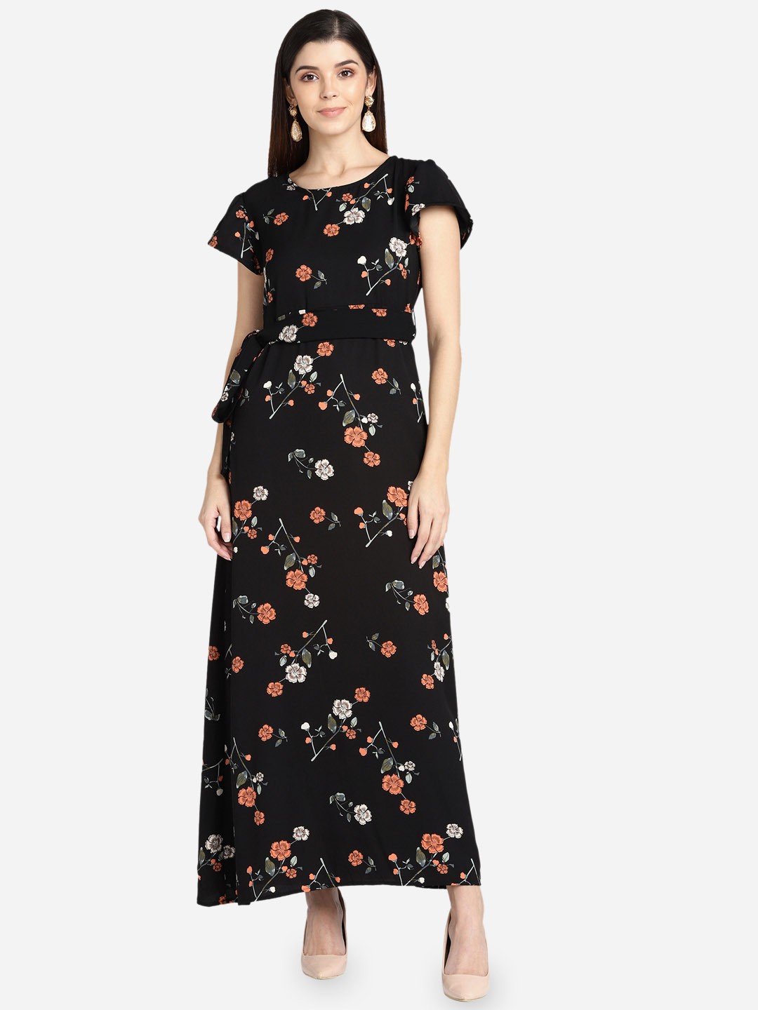 

Fashfun Women Black & Orange Floral Crepe Maxi Dress