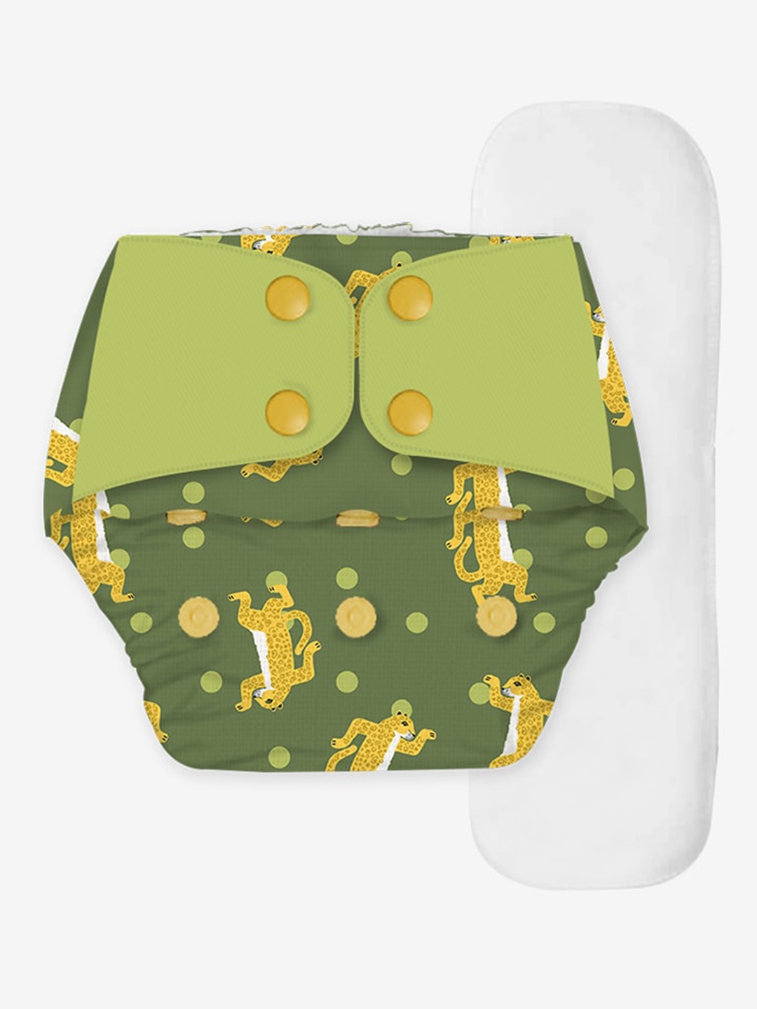 

Snugkins Infants Regular Freesize Cloth Diaper + 1 Wet-Free Microfiber Terry Soaker - Disco Sheru, Green
