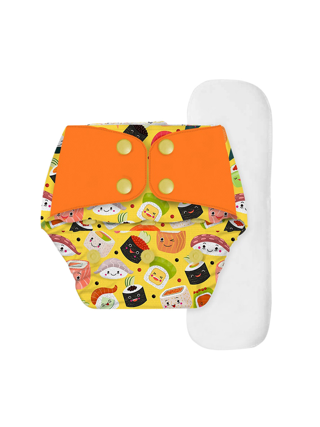 

Snugkins Infants Regular Freesize Cloth Diaper + 1 Wet-Free Microfiber Terry Soaker - Mushi Sushi, Yellow