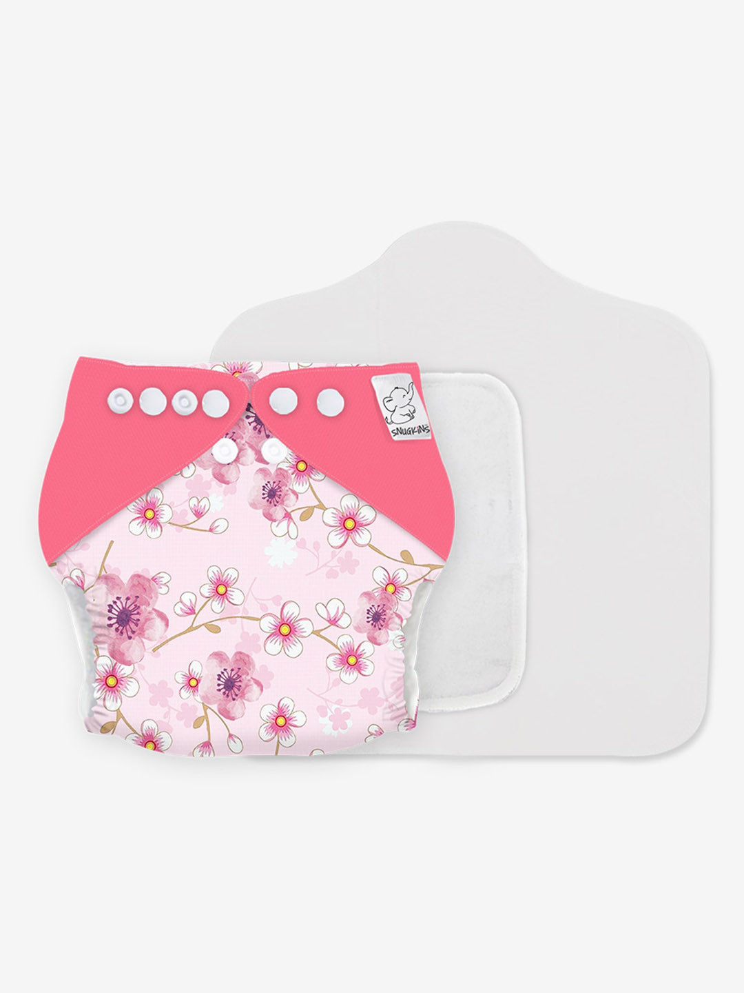 

Snugkins Infants Reusable Cloth Diapers + 1 Wet-Free Organic Cotton Prefold Pad & 1 Booster Pad - Sakura, Pink