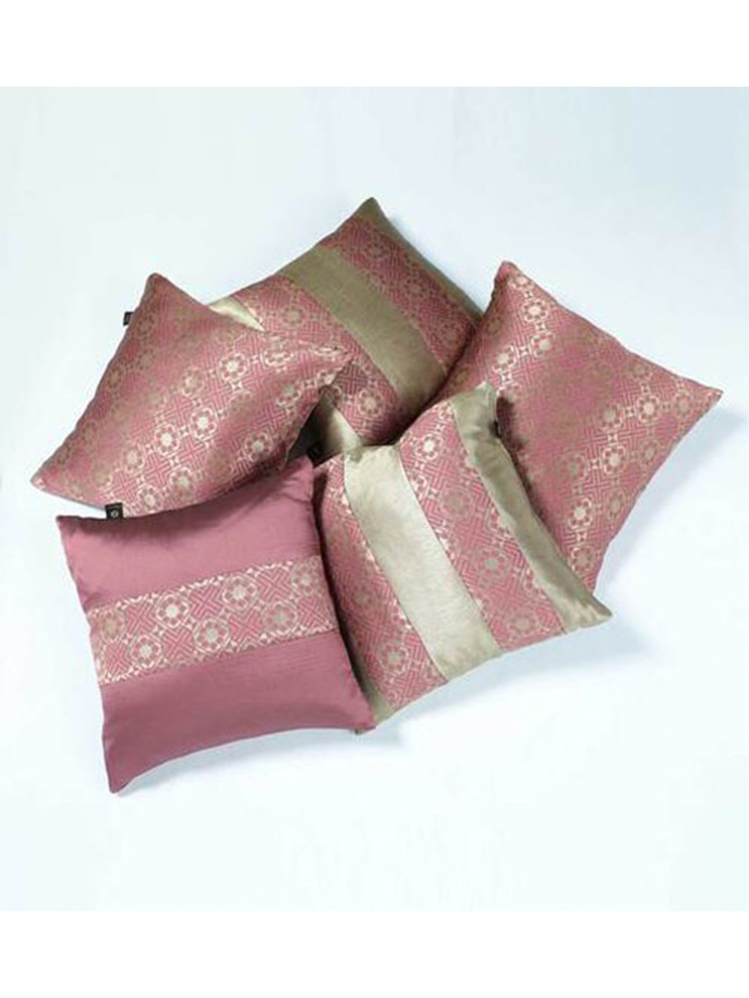 

Lushomes Pink & Gold-Toned Set of 5 Ethnic Motifs Square Cushion Covers