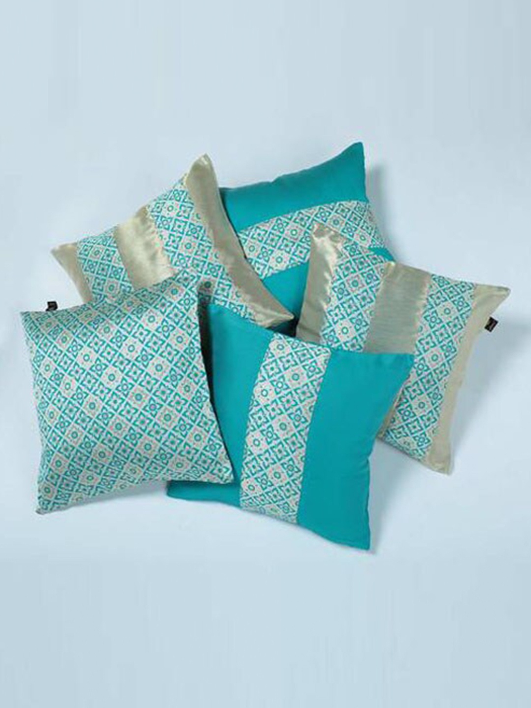 

Lushomes Green & Gold-Toned Set of 5 Geometric Square Cushion Covers