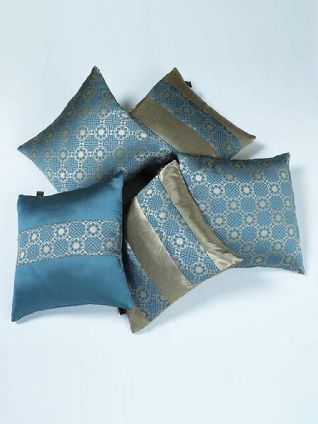 

Lushomes Blue & Gold-Toned Pack of 5 Geometric Square Cushion Covers