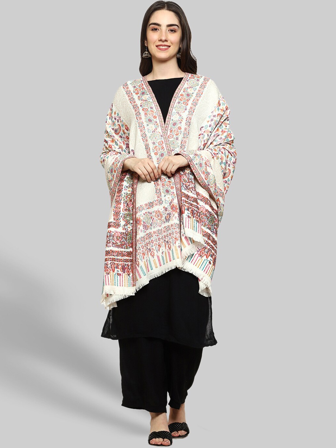 

WEAVERS VILLA Women Multi-Coloured Woven Design Shawl, White