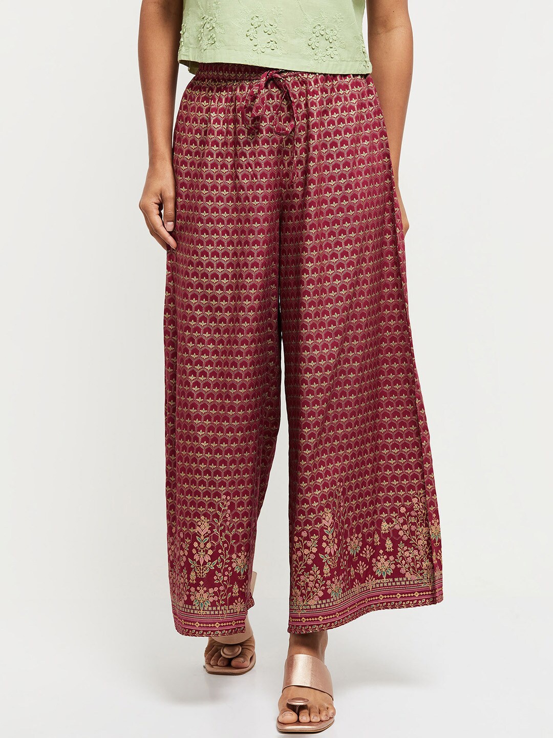 

max Women Pink & Gold-Toned Floral Printed Palazzos