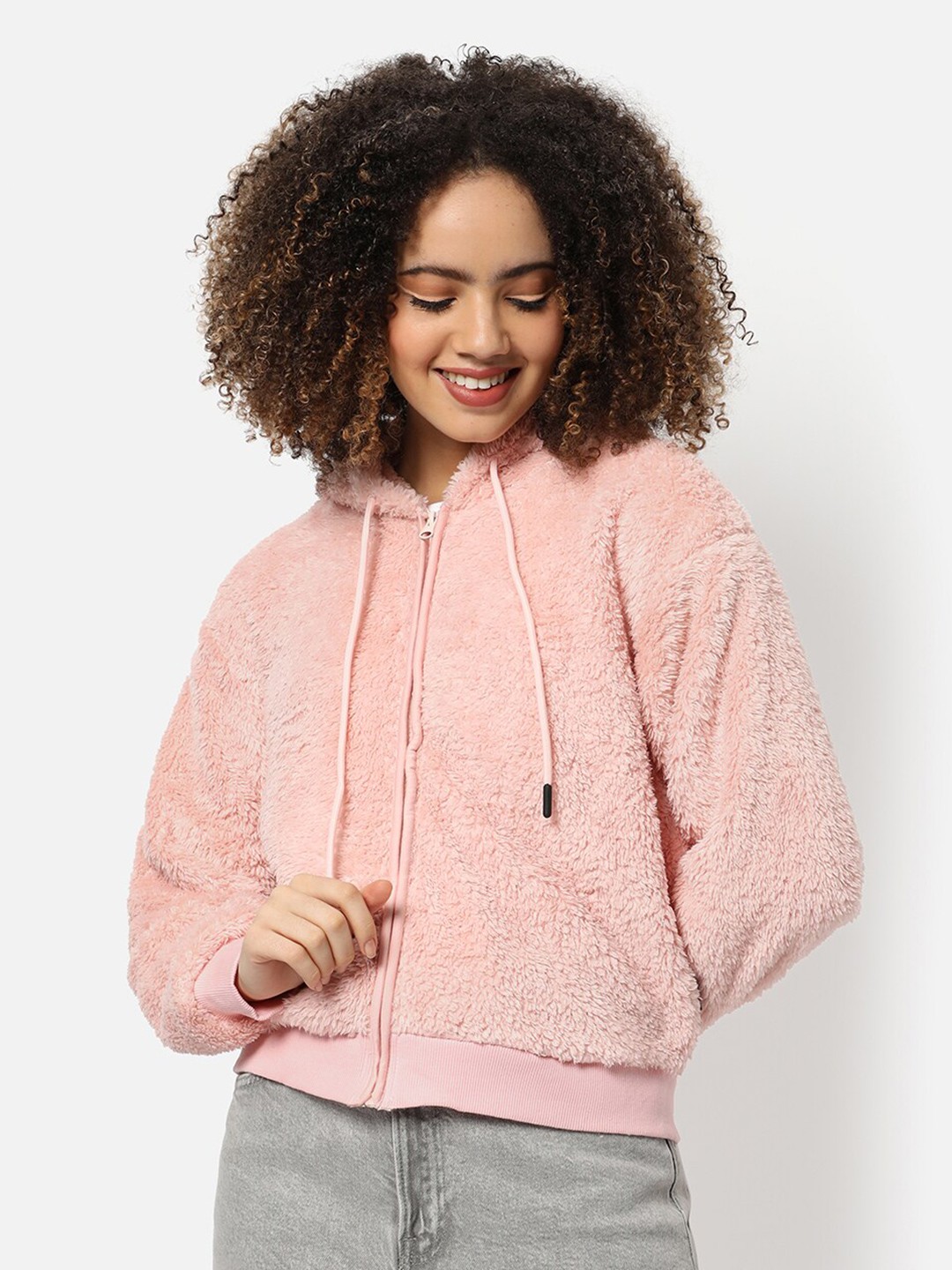 

Campus Sutra Women's Pink Fleece Regular Fit Zipper Sweatshirt With Hoodie For Winter Wear