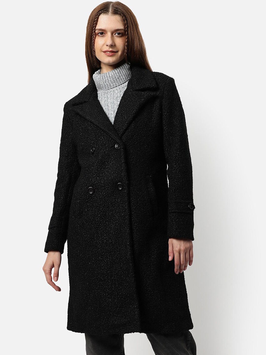 

Campus Sutra Women Black Solid Longline Overcoat