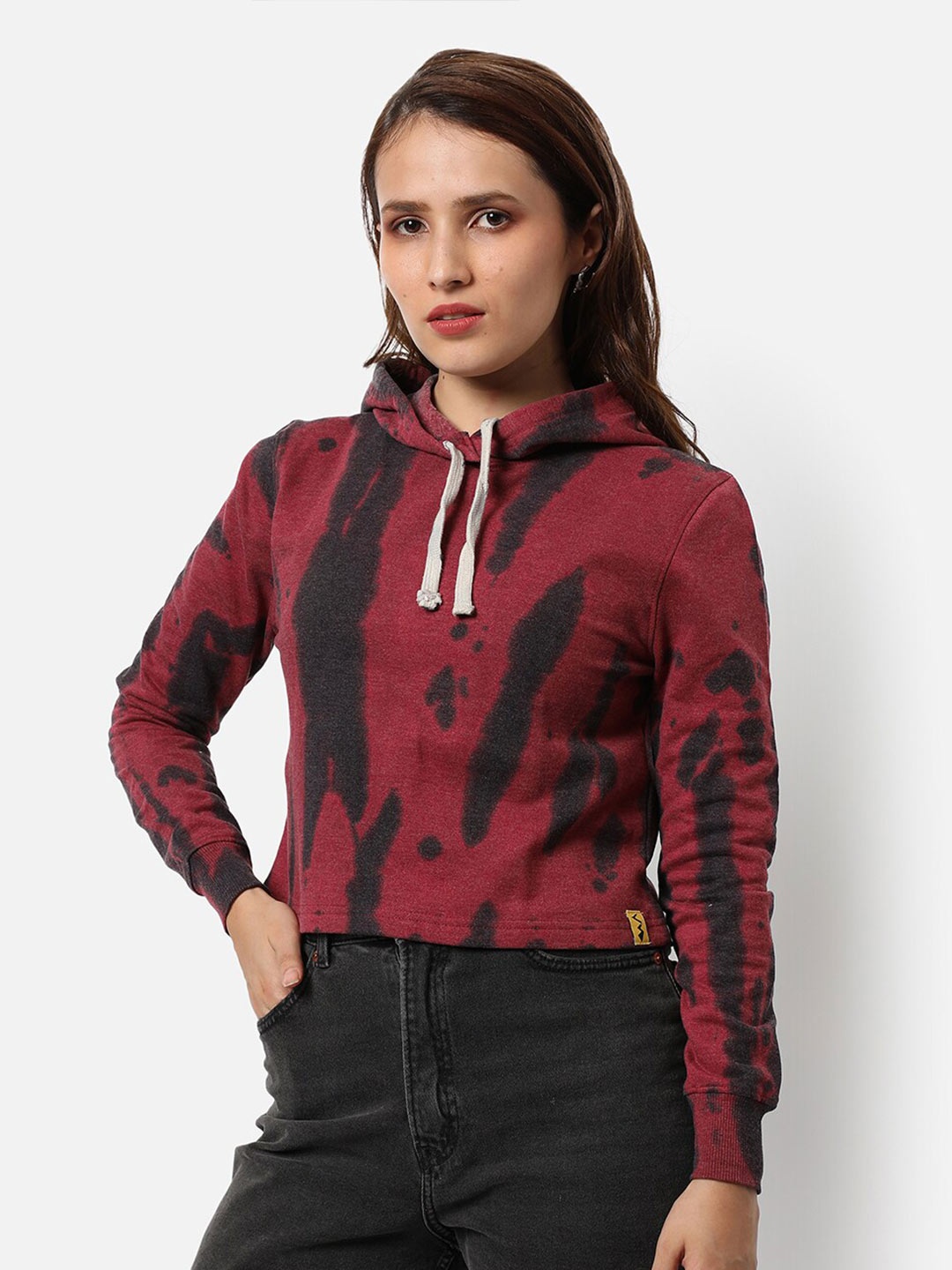 

Campus Sutra Women Red and Black Tie-Dye Hooded Cotton Sweatshirt