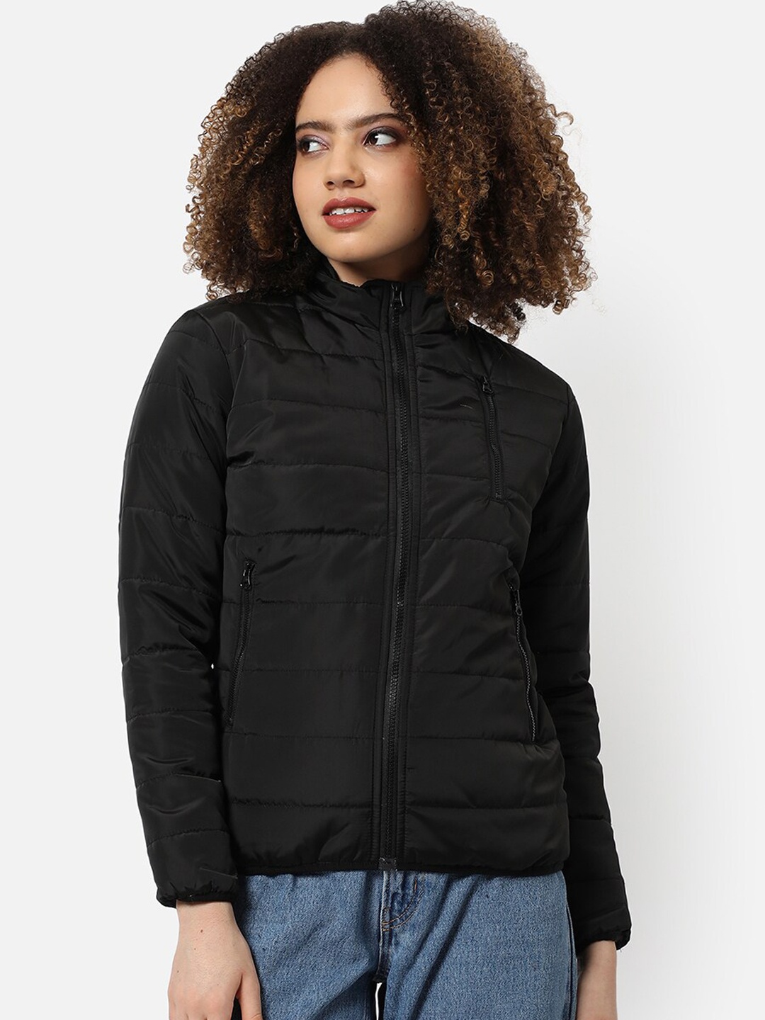 

Campus Sutra Women Black Windcheater Outdoor Padded Jacket