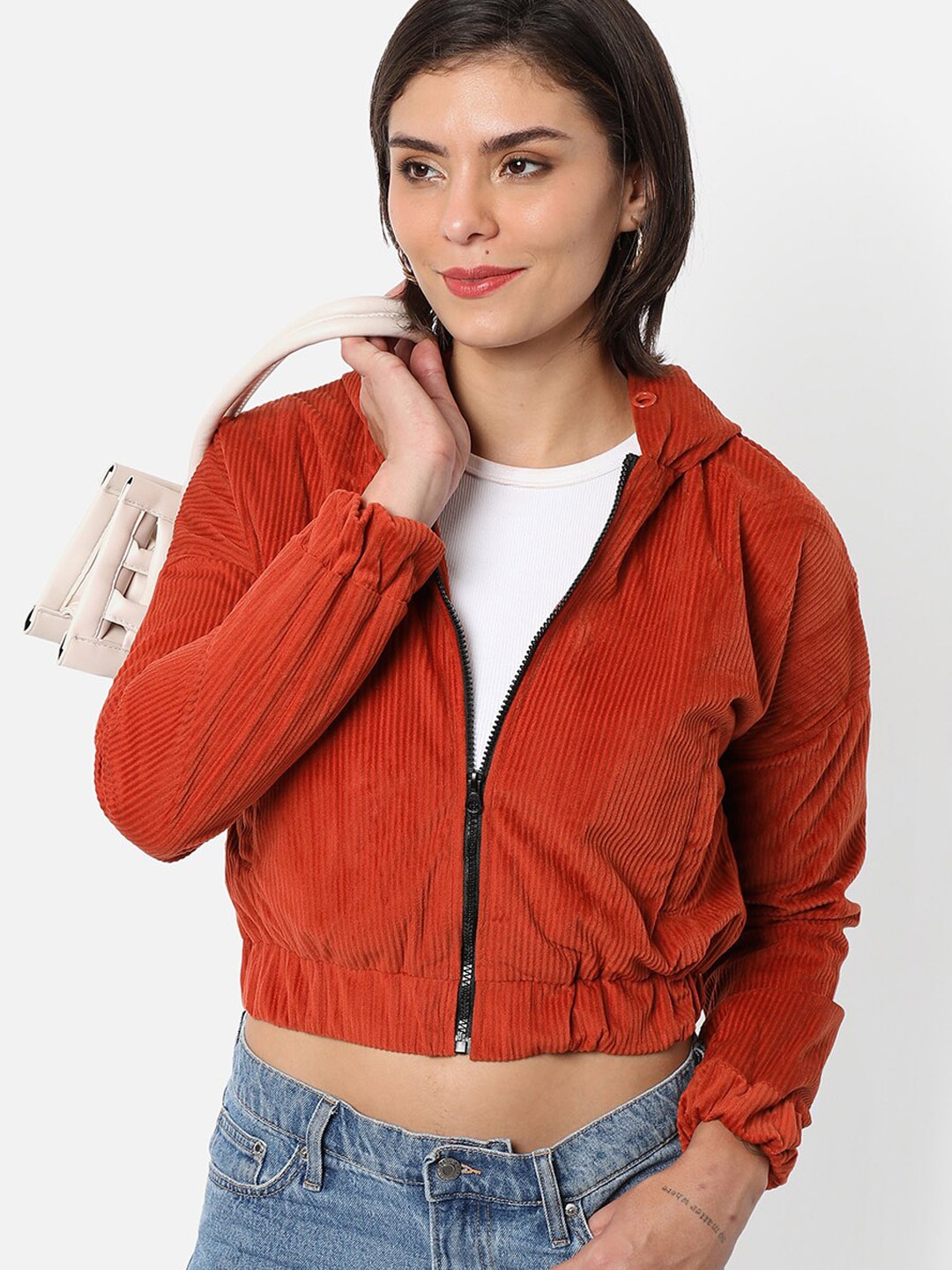 

Campus Sutra Women Orange Windcheater Crop Outdoor Bomber Jacket