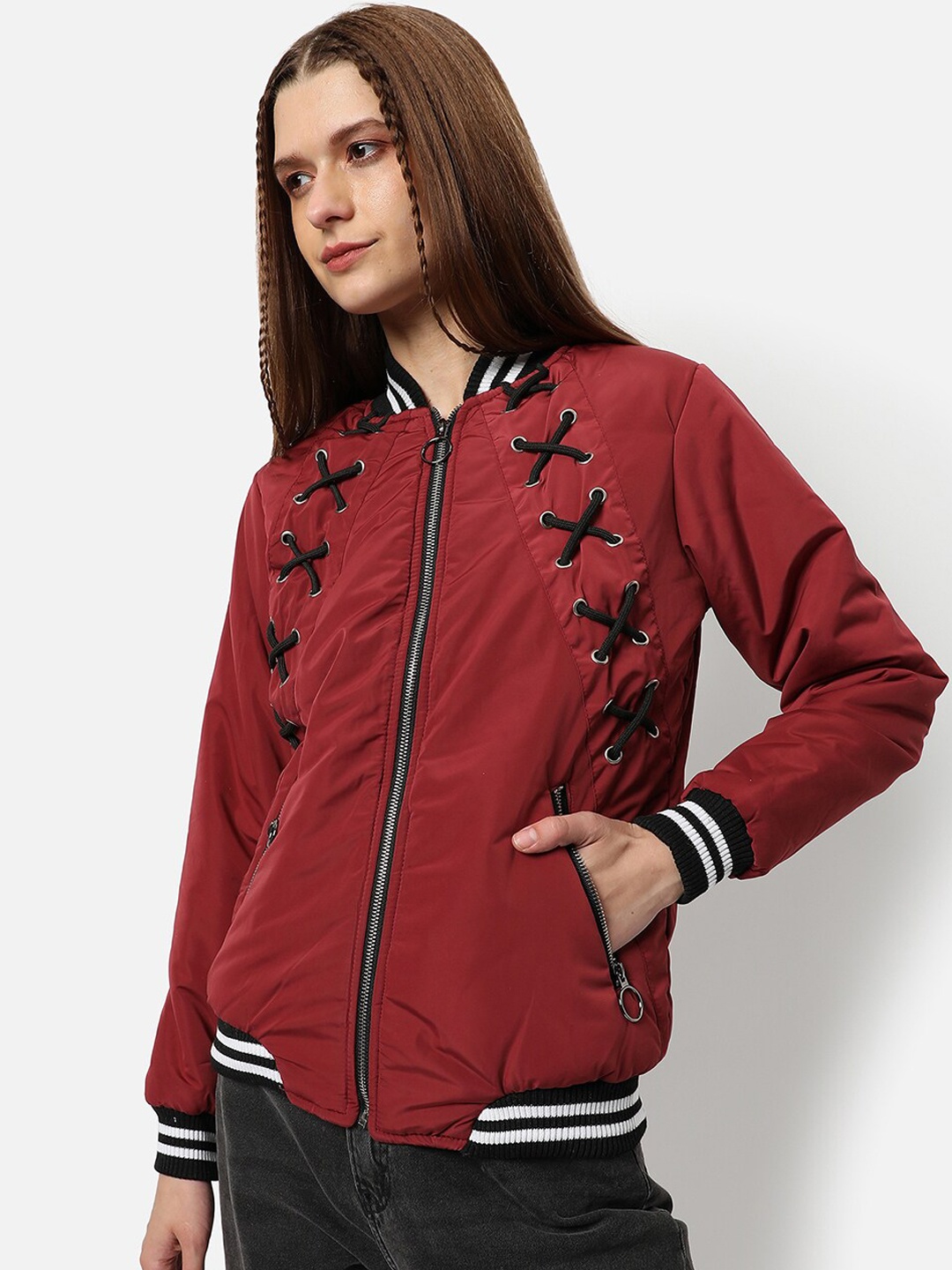 

Campus Sutra Women Red Black Windcheater Outdoor Bomber Jacket