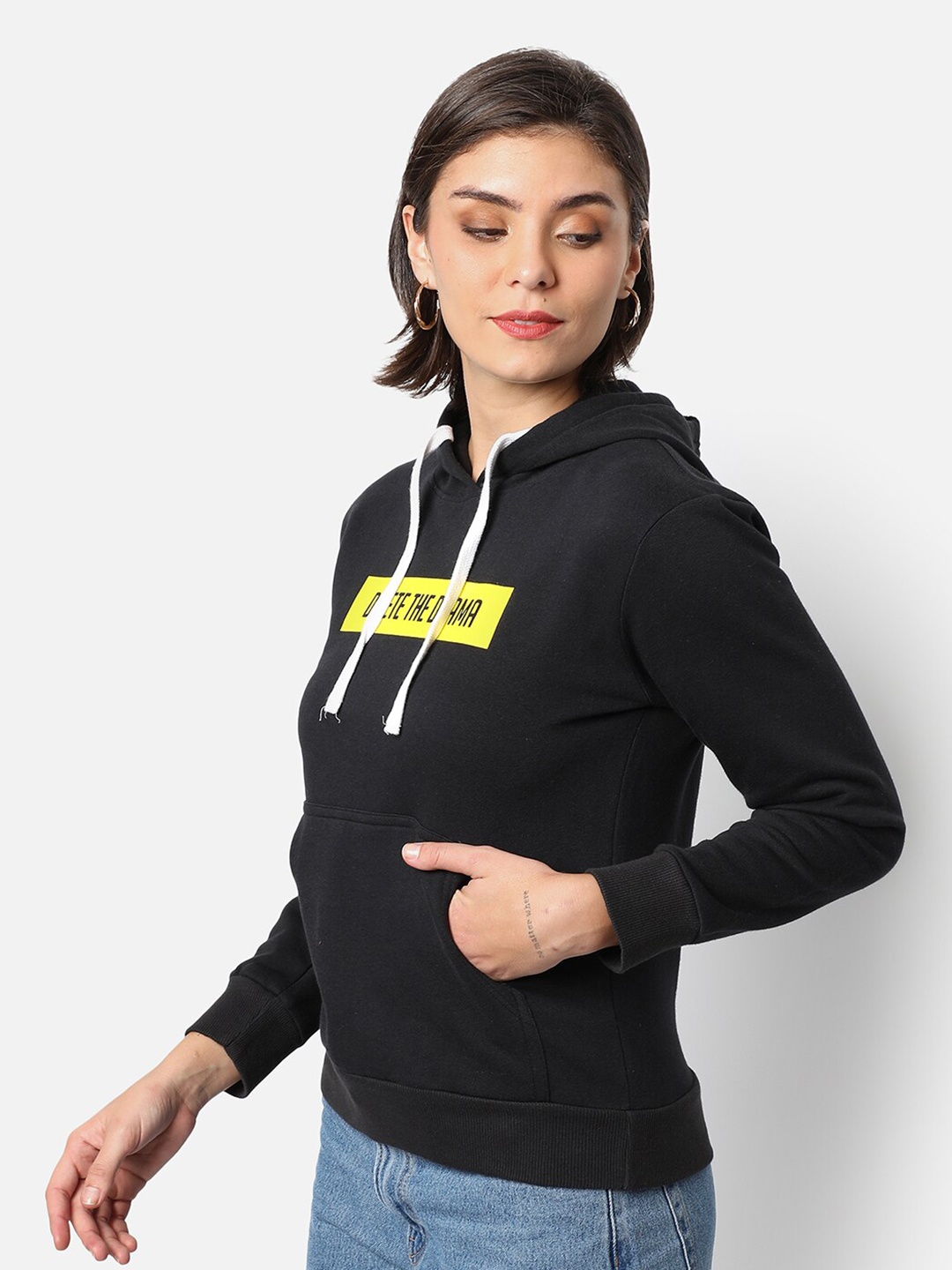 

Campus Sutra Women Black Printed Hooded Sweatshirt