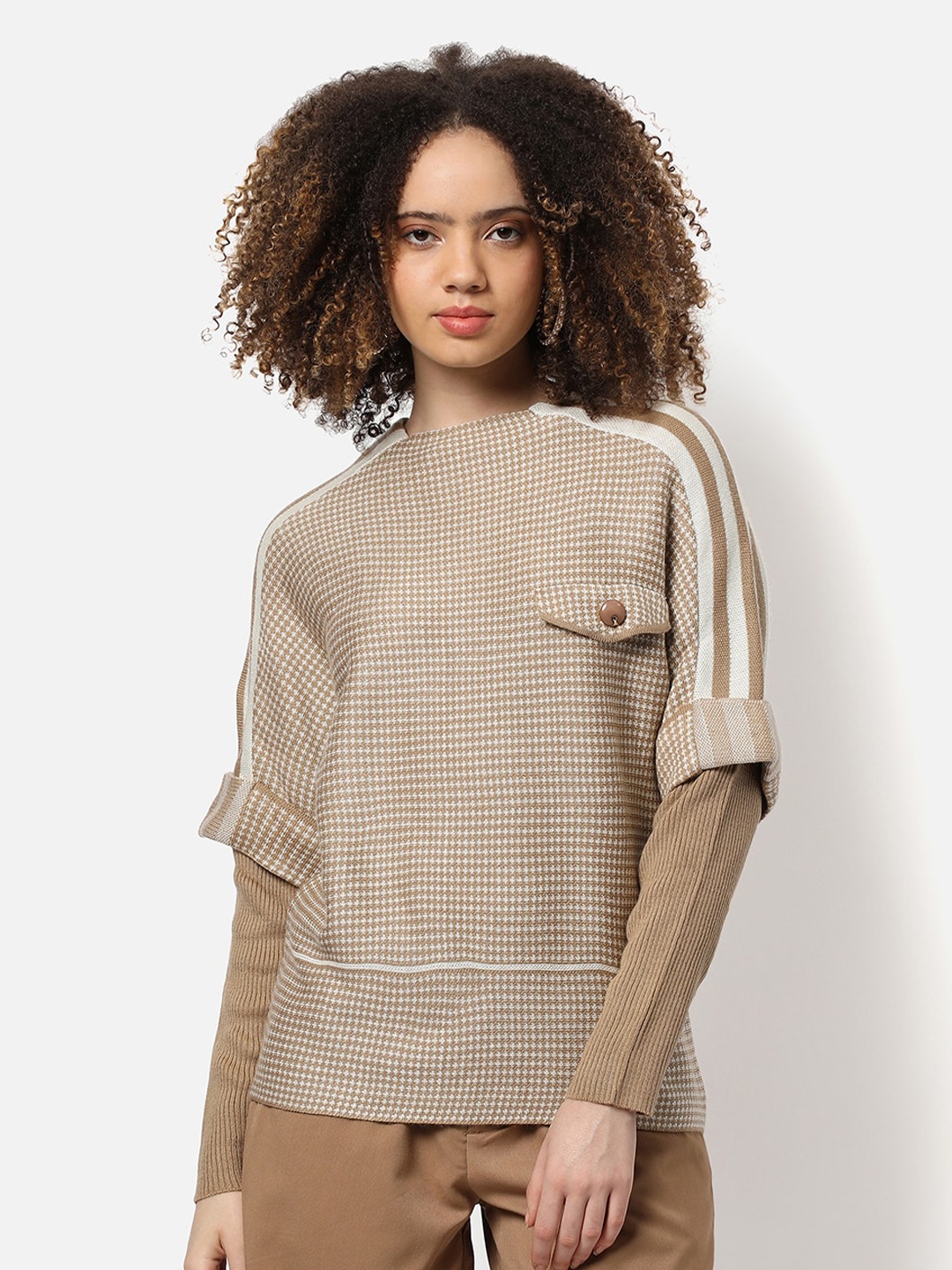 

Campus Sutra Women Beige & Off White Solid Pullover