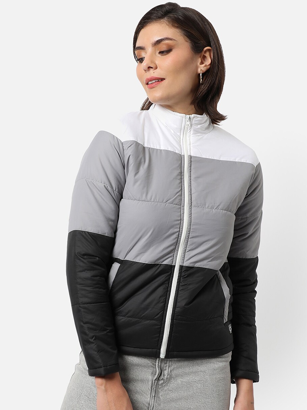 

Campus Sutra Women Grey Black Colourblocked Windcheater Padded Jacket