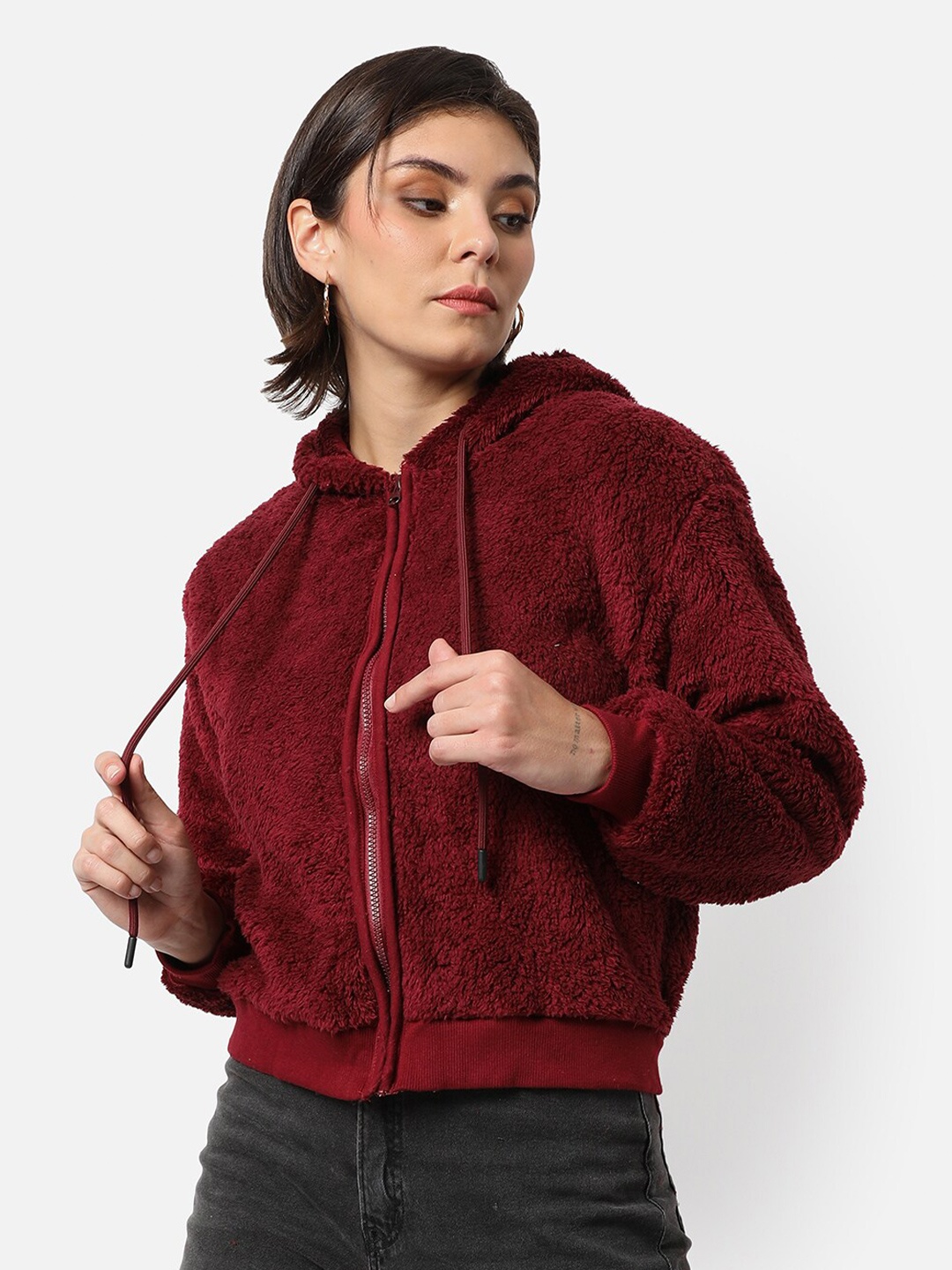 

Campus Sutra Women Maroon Hooded Woolen Sweatshirt