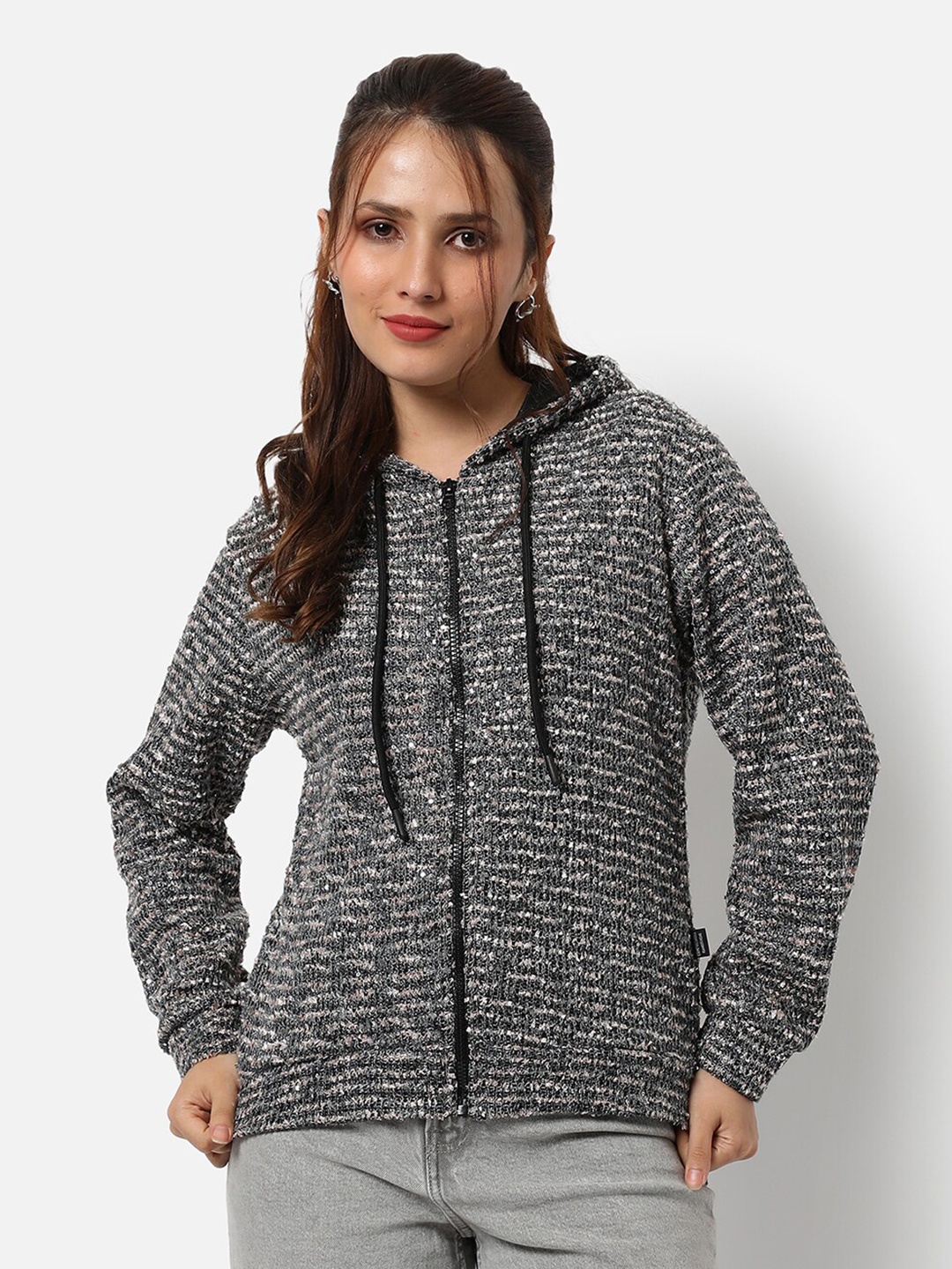 

Campus Sutra Women Grey Printed Hooded Sweatshirt