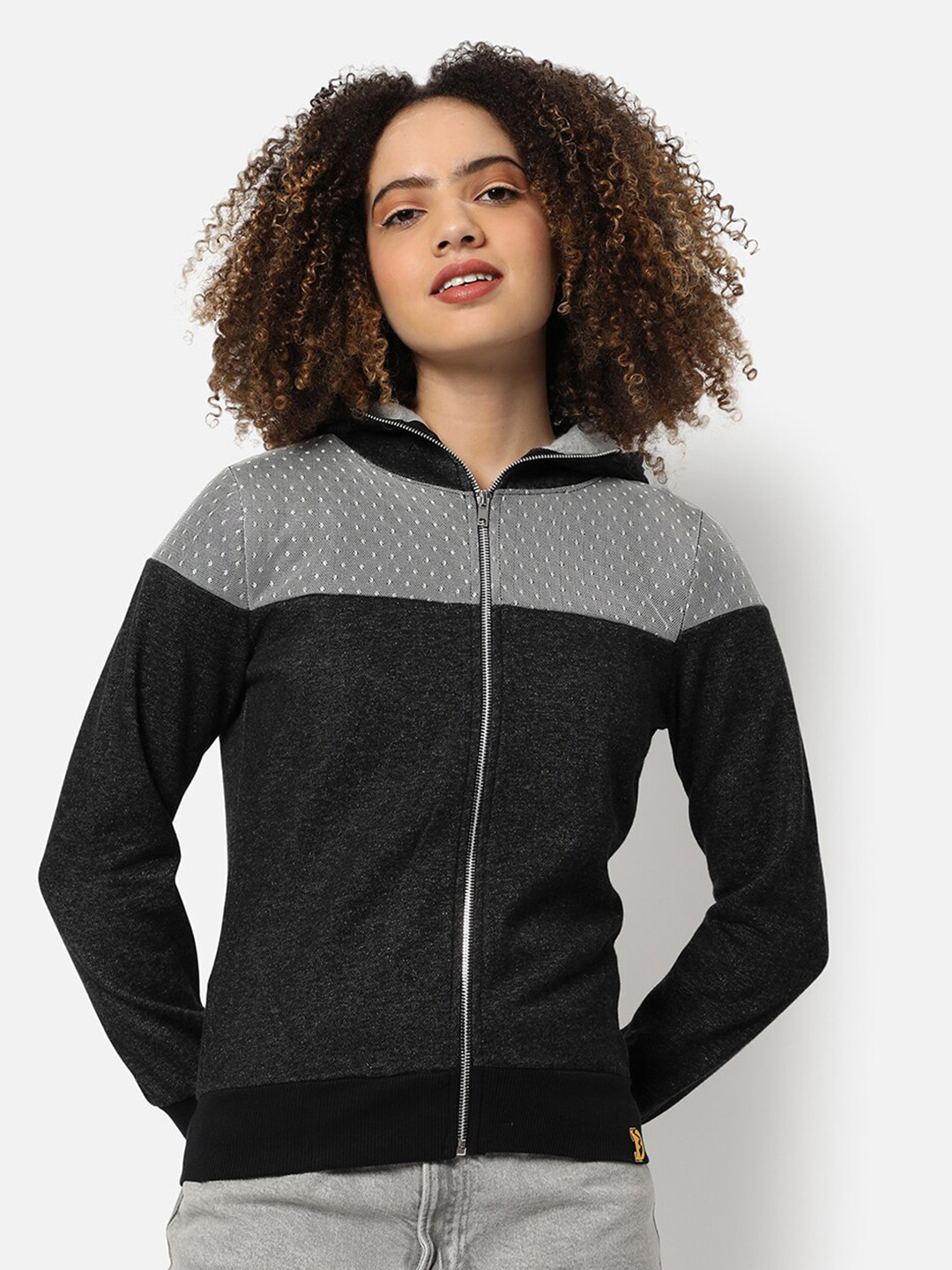 

Campus Sutra Women Charcoal & Black Colourblocked Hooded Pullover