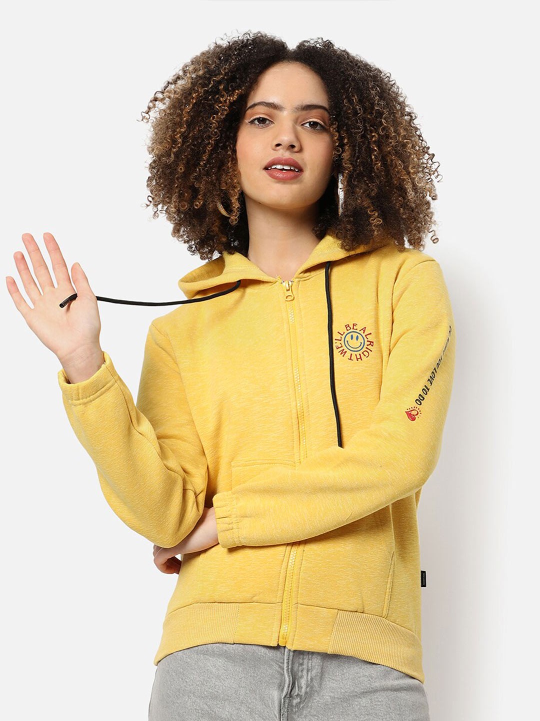 

Campus Sutra Women Yellow Printed Hooded Sweatshirt