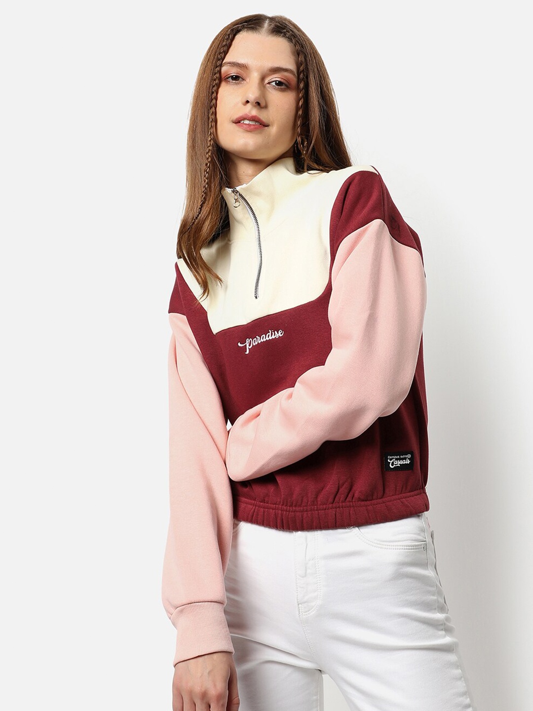 

Campus Sutra Women Maroon Colourblocked Sweatshirt