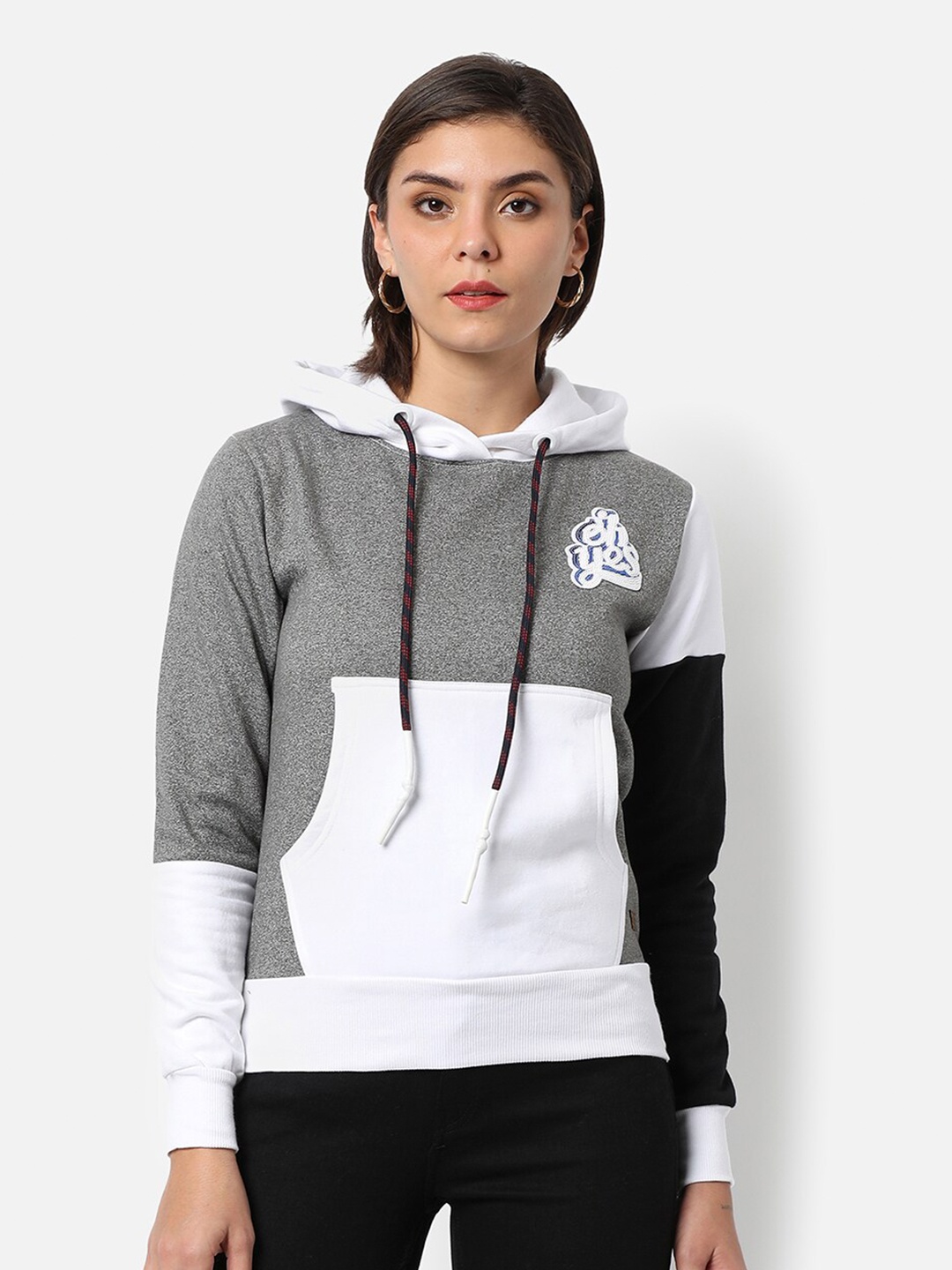 

Campus Sutra Women Grey Colourblocked Hooded Sweatshirt