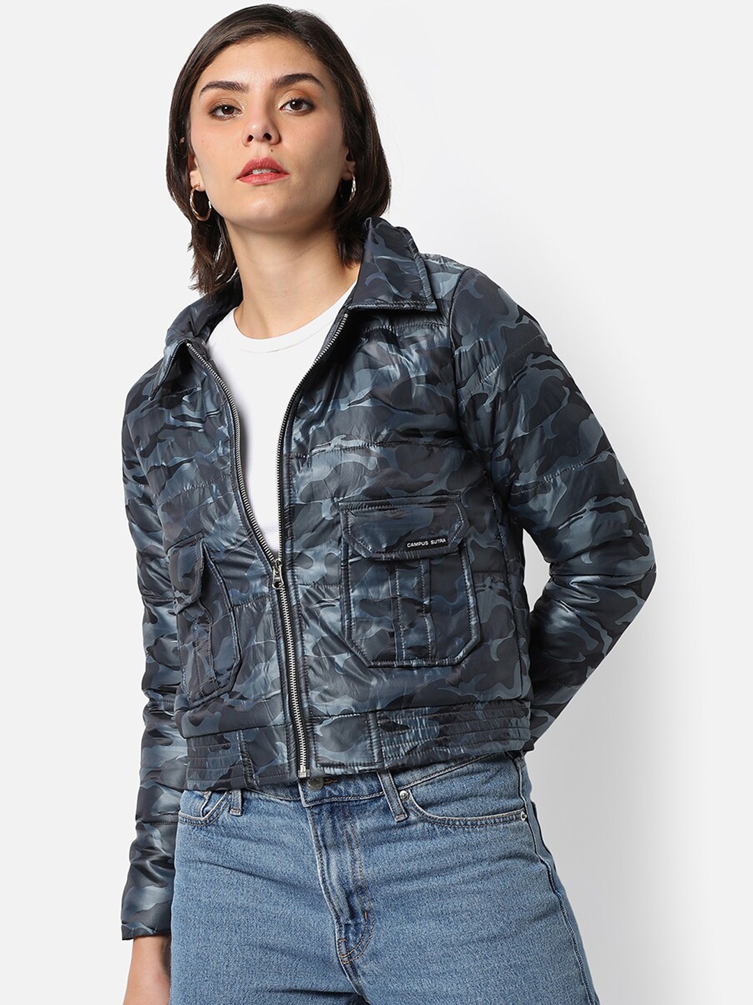 

Campus Sutra Women Blue Camouflage Striped Windcheater Crop Outdoor Bomber Jacket