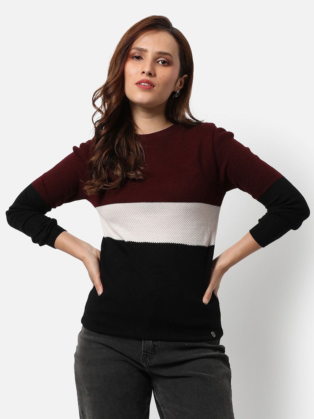 

Campus Sutra Women Black & Off White Colourblocked Pullover