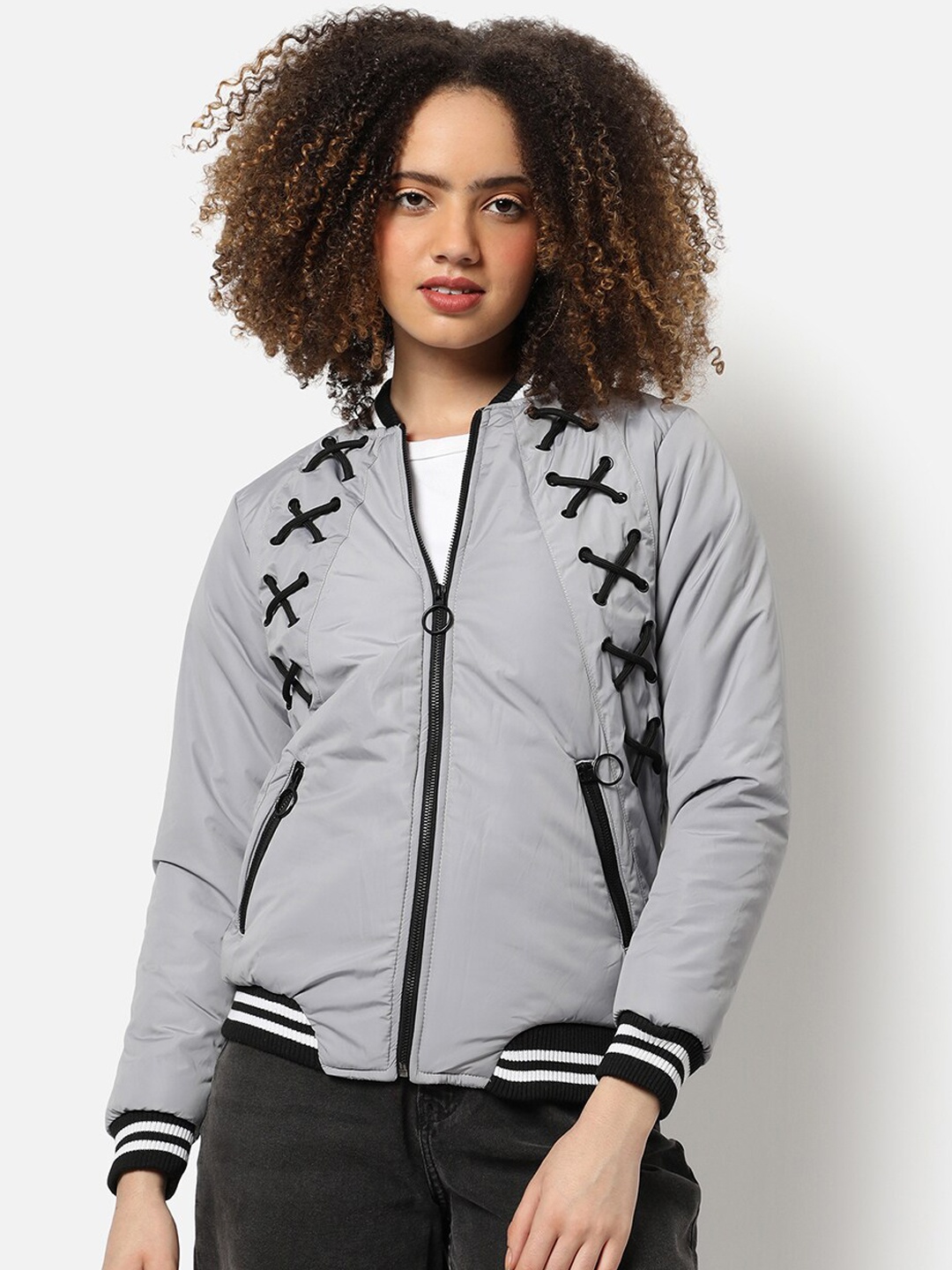 

Campus Sutra Women Grey Windcheater Outdoor Bomber Jacket