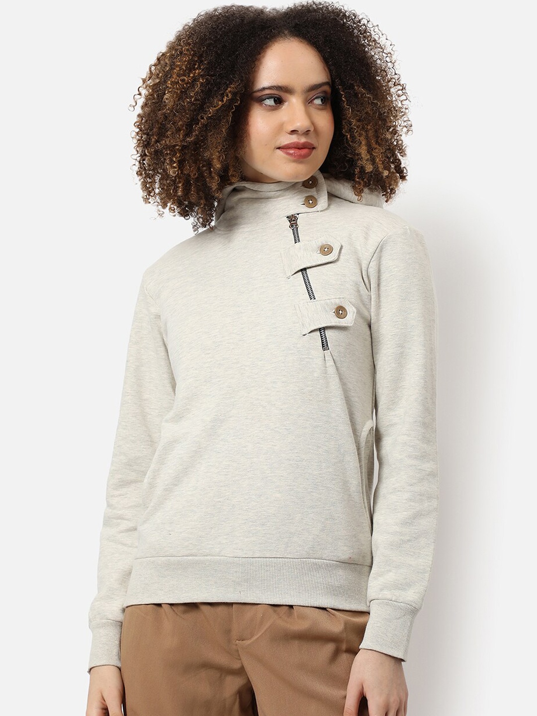 

Campus Sutra Women Cream-Coloured Hooded Sweatshirt