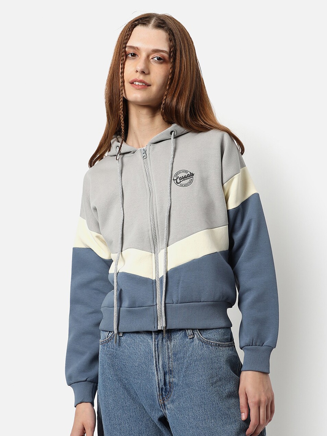 

Campus Sutra Women Blue Colourblocked Hooded Sweatshirt