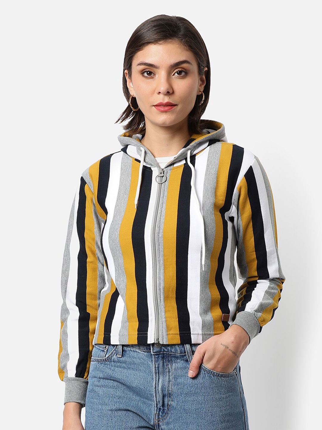 

Campus Sutra Women Multicoloured Striped Hooded Crop Sweatshirt, Multi