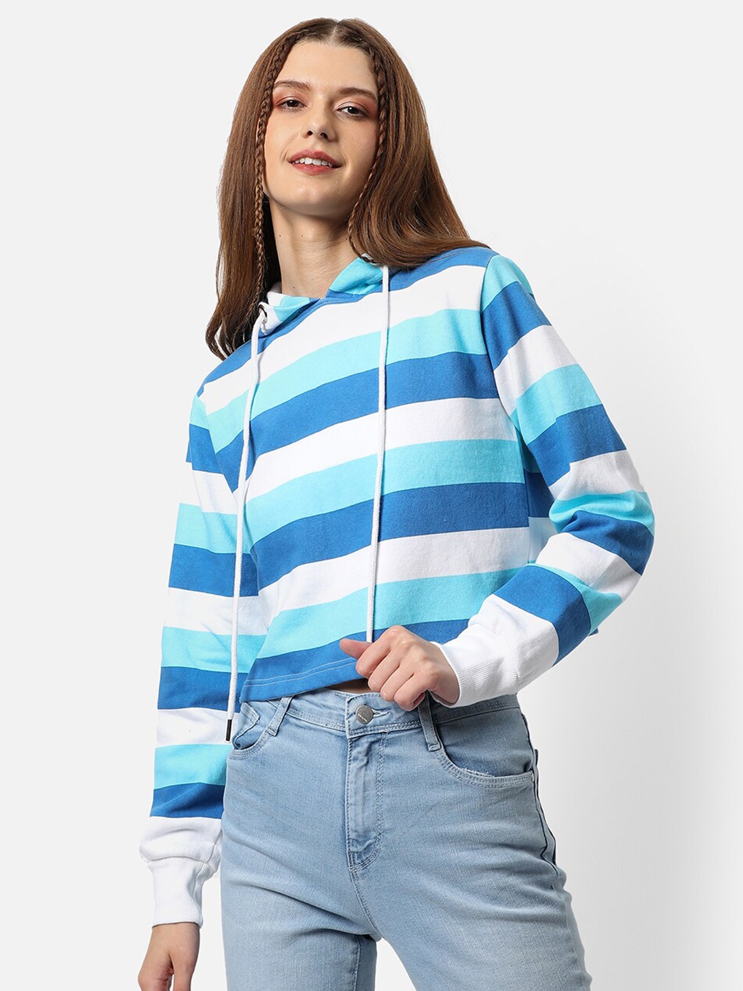 

Campus Sutra Women Blue Striped Hooded Sweatshirt