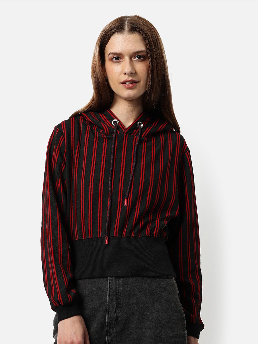 

Campus Sutra Women Red Striped Hooded Sweatshirt