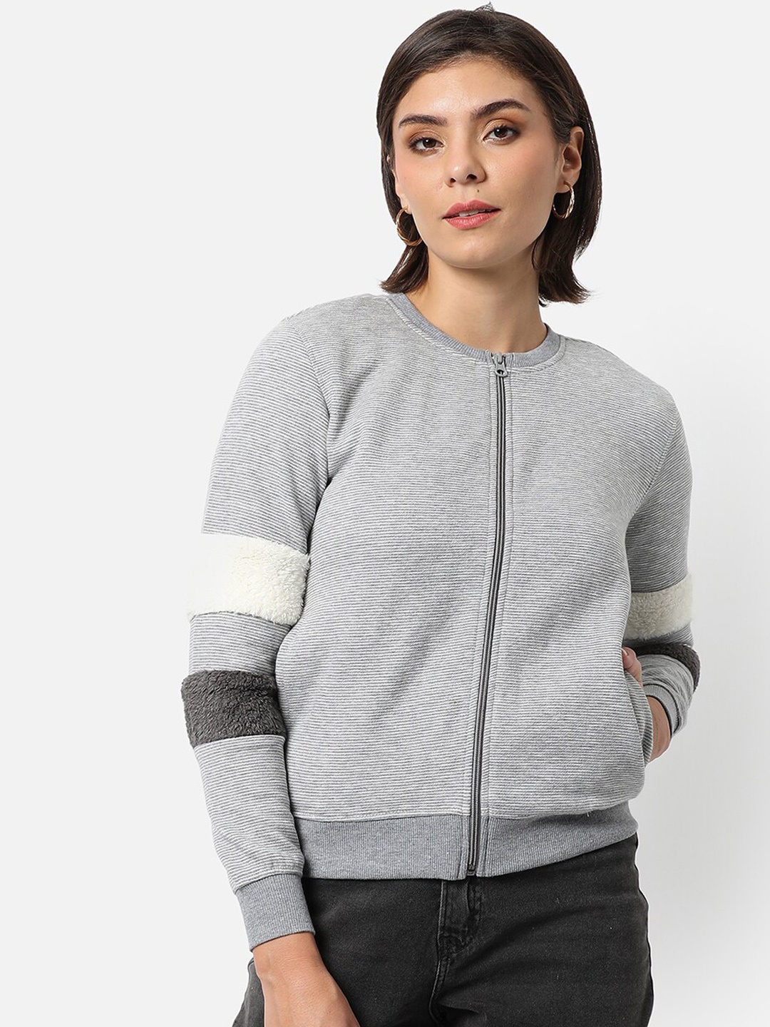

Campus Sutra Women Grey Striped Front-Open Sweatshirt