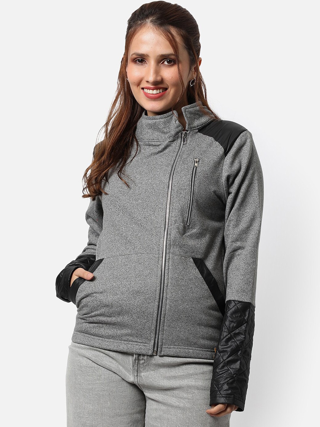 

Campus Sutra Women Grey Washed Windcheater Solid Crop Outdoor Sporty Jacket