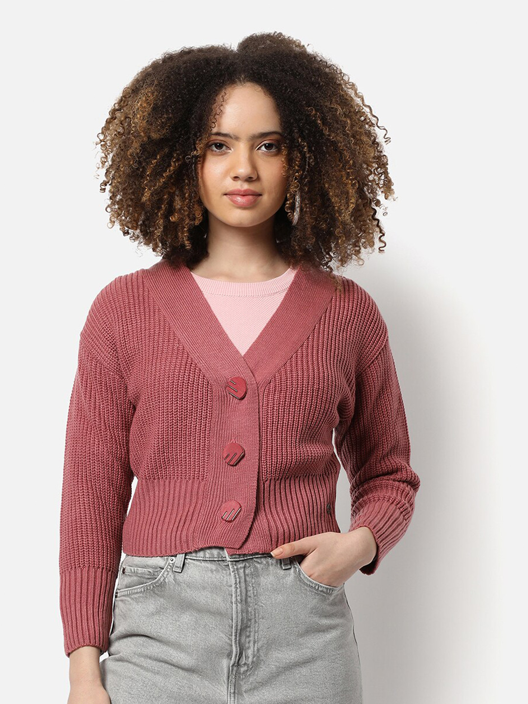 

Campus Sutra Women Pink Crop Cardigan