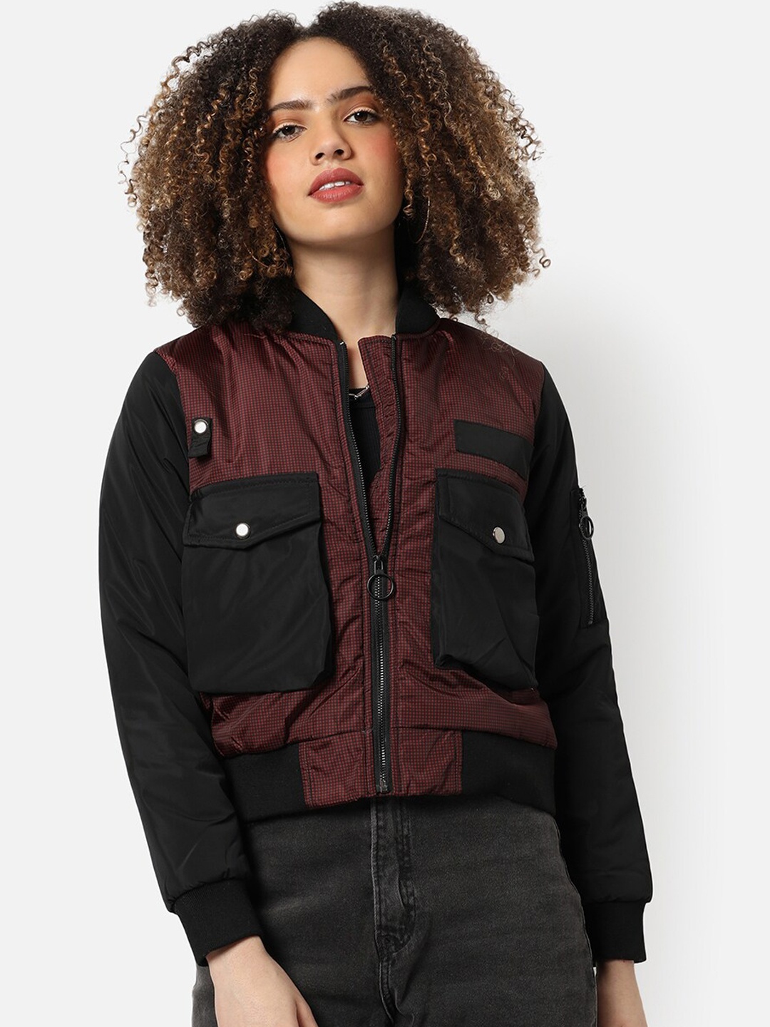 

Campus Sutra Women Brown Black Checked Windcheater Crop Outdoor Bomber Jacket