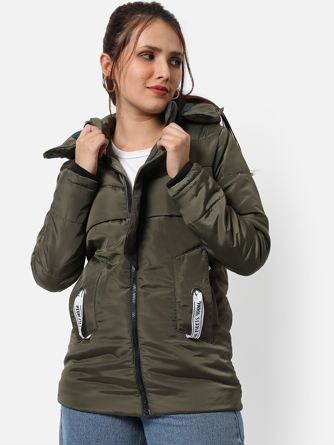 

Campus Sutra Women Olive Green Camouflage Windcheater Longline Outdoor Padded Jacket with Patchwork