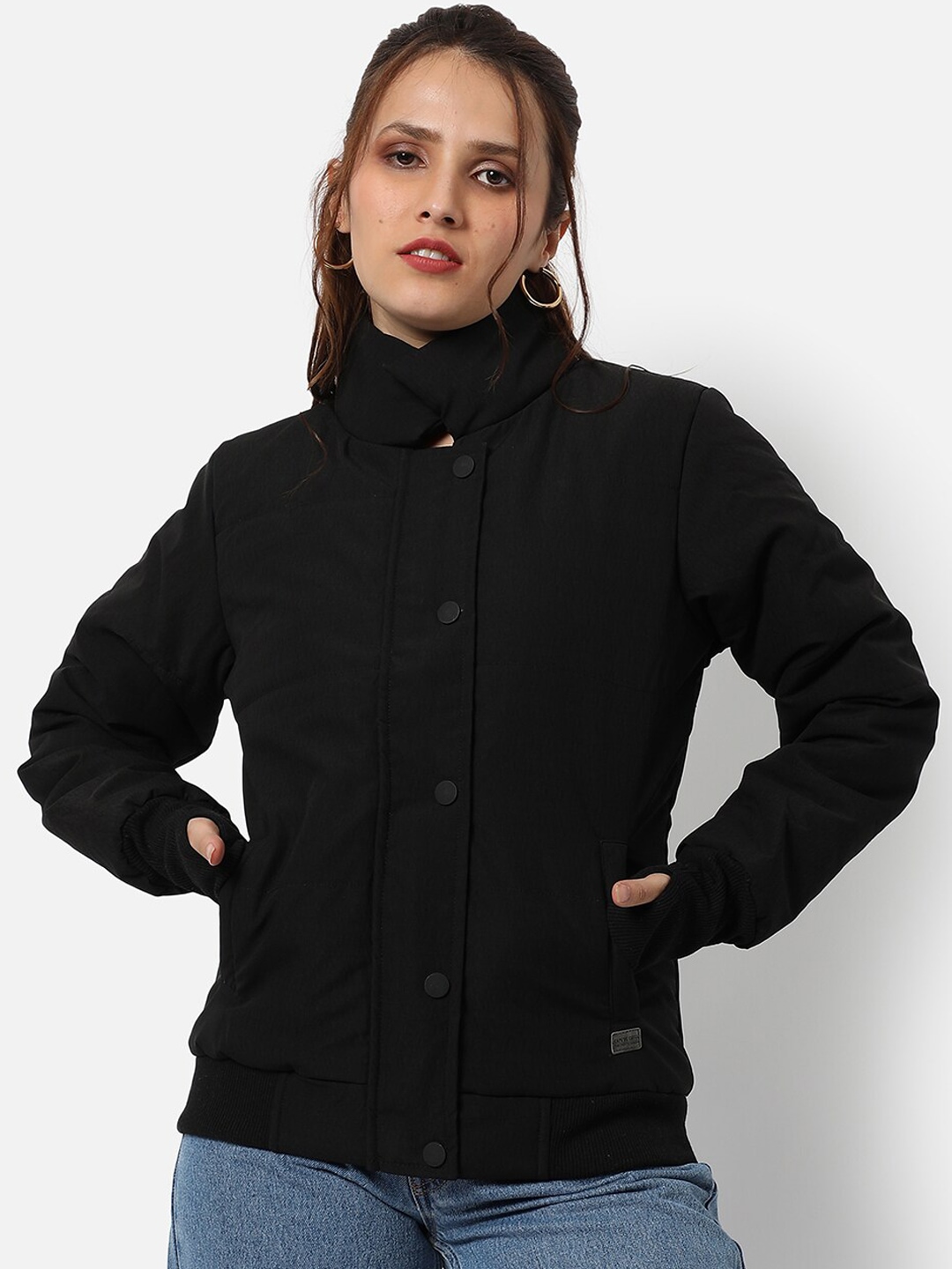 

Campus Sutra Women's Black Regular Fit Bomber Jacket For Winter Wear