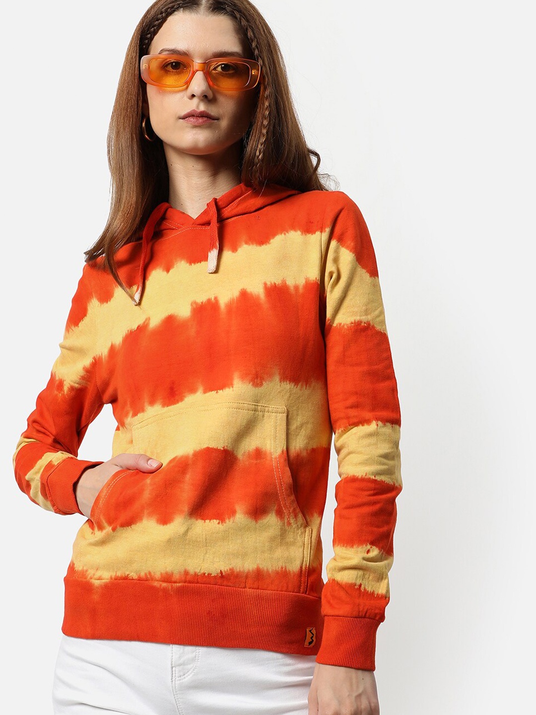 

Campus Sutra Women Orange Printed Hooded Sweatshirt